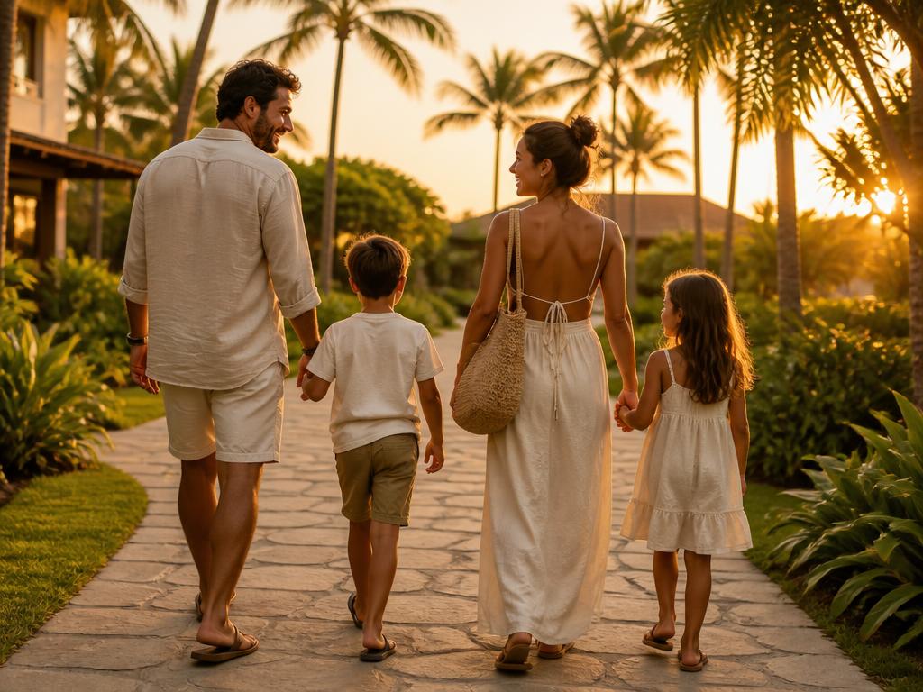 Família caminhando por um jardim de resort ao entardecer