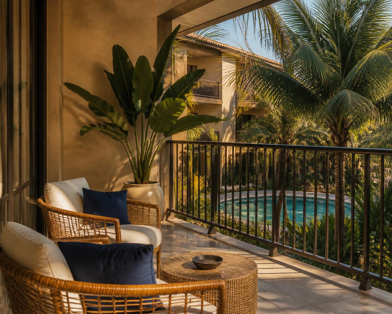 Varanda de apartamento em resort com vista para a piscina ao entardecer